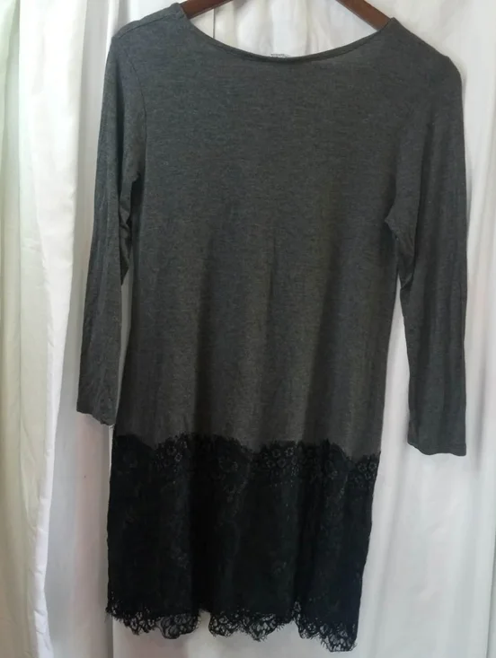 Charcoal Gray Long Sleeve Mini Tunic Dress Black Lace Hem Casual Medium Modal - Picture 2 of 4
